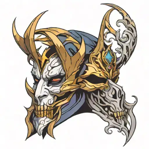 Jhin mask from league looking like drama mask merged tattoo design idea