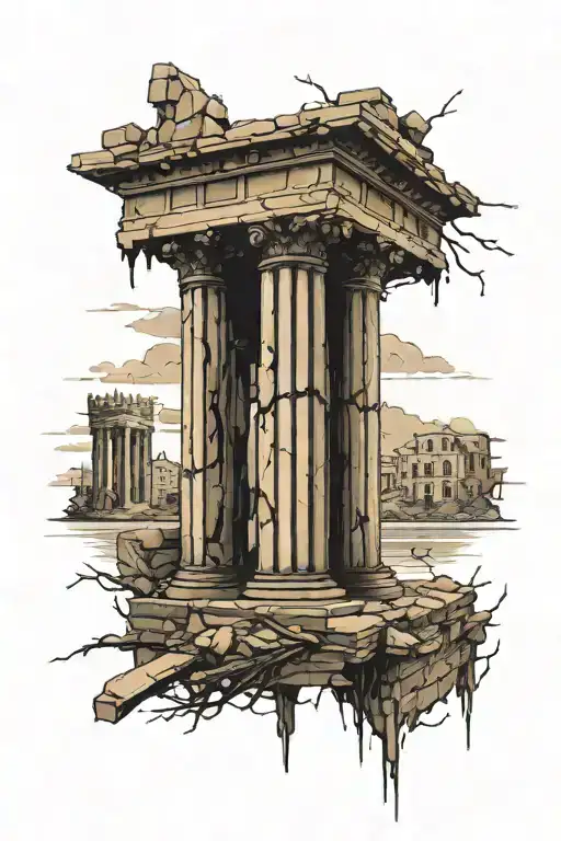 A dynamic, realistic style tattoo of the ruins of Troy on the forearm. The scene should depict the aftermath of the Troj tattoo design idea