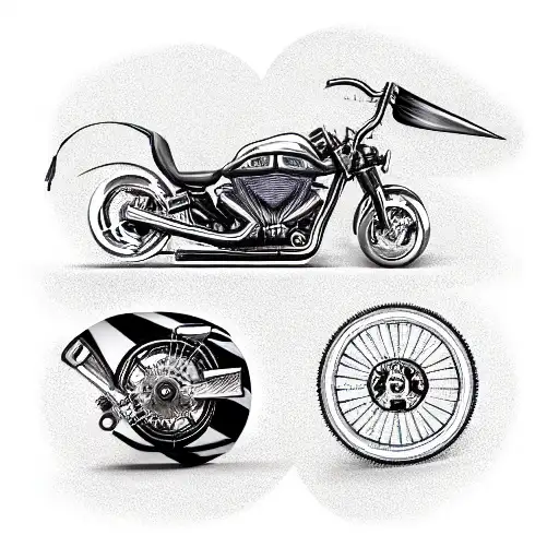 2 épée swords crossed over a motorcycle (black cruiser, with chrome exhuasts) tattoo design idea