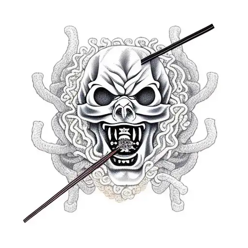 oni mask with ramen noodles in skull with chop sticks holding noodles tattoo design idea
