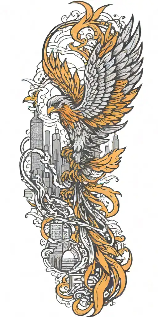 phoenix soaring with new york skyline  tattoo design idea