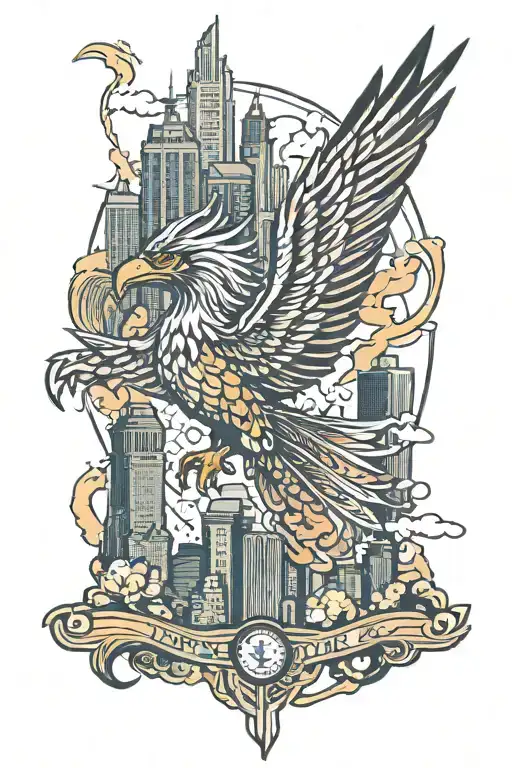 phoenix soaring with new york skyline  tattoo design idea