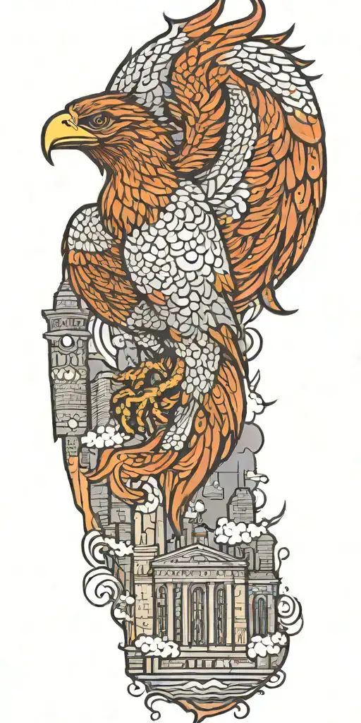 phoenix soaring with new york skyline  tattoo design idea