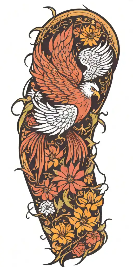 phoenix soaring with flowers blooming tattoo design idea