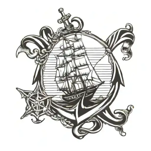 barcode, sailing, yacht captain anchor tattoo design idea