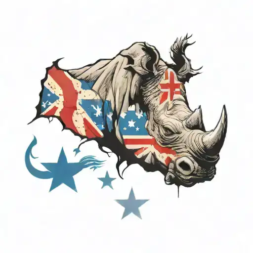 Rhino tearing through the middle of a worn Chicago flag tattoo design idea