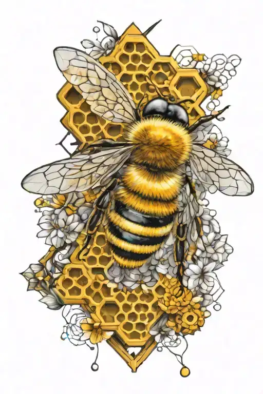 Bee which is half mechanical and the other half geometrically artistic. In addition, honeycombs, flowers, geometric elements tattoo design idea
