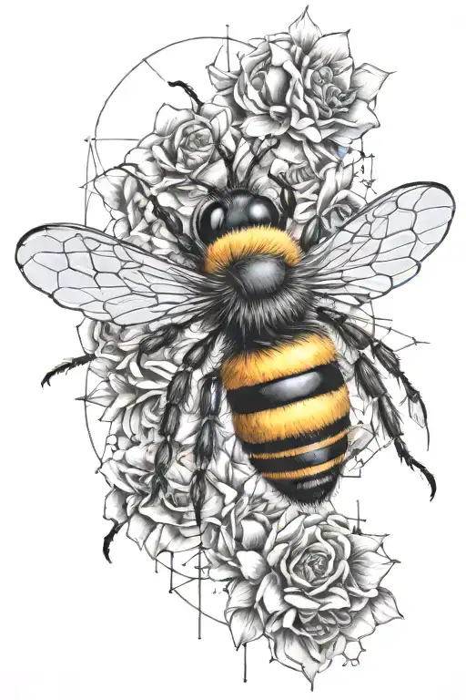 Bee which is half mechanical and the other half geometrically artistic. In addition, honeycombs, flowers, geometric elements tattoo design idea