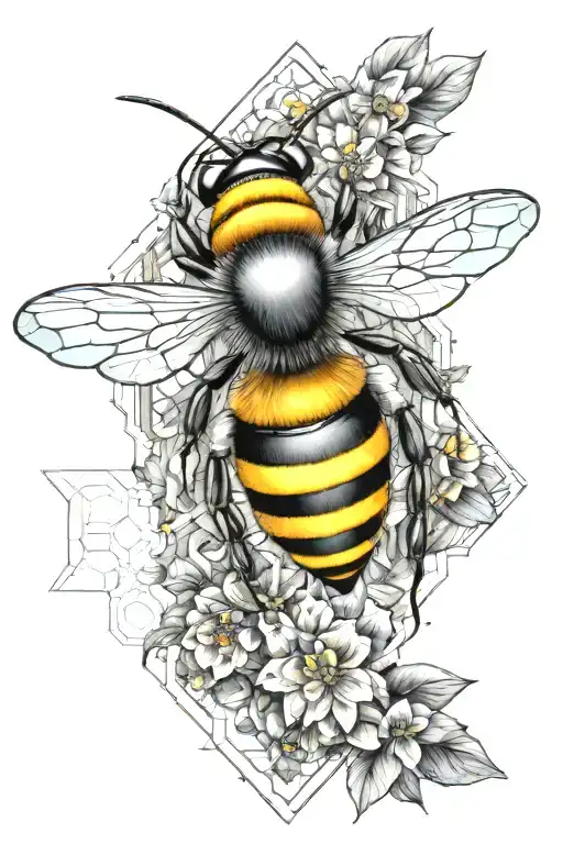 Bee which is half mechanical and the other half geometrically artistic. In addition, honeycombs, flowers, geometric elements tattoo design idea