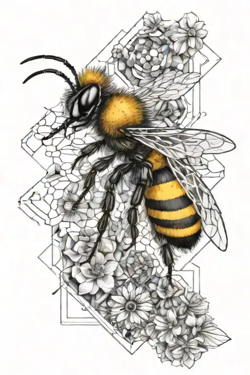 Bee which is half mechanical and the other half geometrically artistic. In addition, honeycombs, flowers, geometric elements tattoo design idea