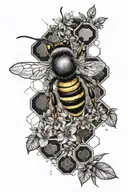 Bee which is half mechanical and the other half geometrically artistic. In addition, honeycombs, flowers, geometric elements tattoo design idea