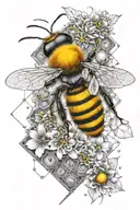 Bee which is half mechanical and the other half geometrically artistic. In addition, honeycombs, flowers, geometric elements tattoo design idea