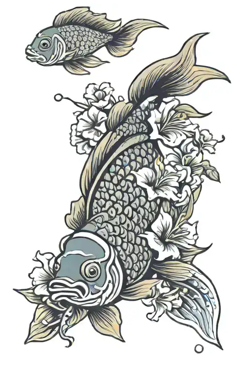 Japanese coi fish with hibiscus flowers growing tattoo design idea