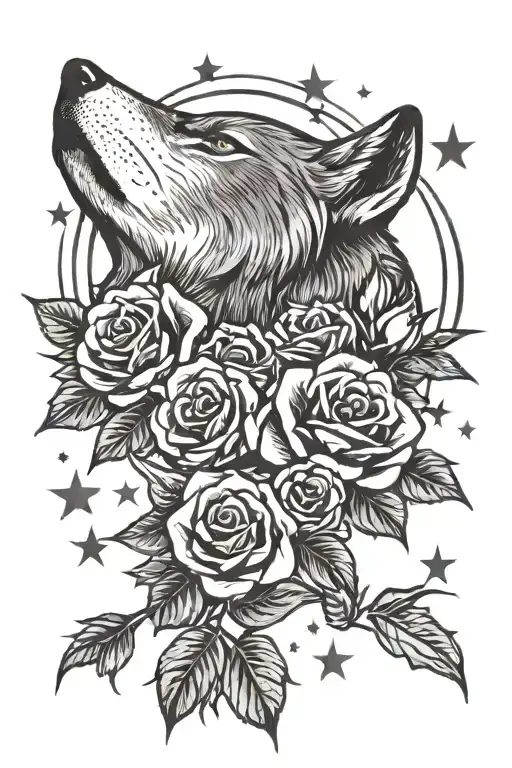 roses and stars and wolf howling at the moon tattoo design idea