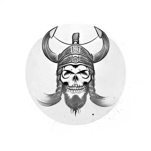face of a viking using a enemy skull all broken as a hat tattoo design idea