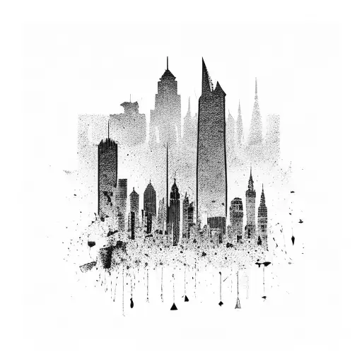 Neon city skyline with crumbling buildings tattoo design idea