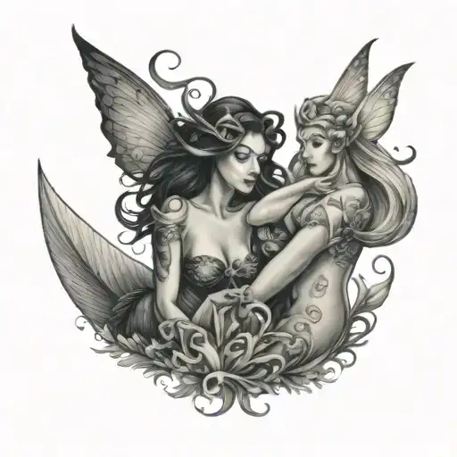 fairy and a mermaid meeting illustrative style tattoo design idea