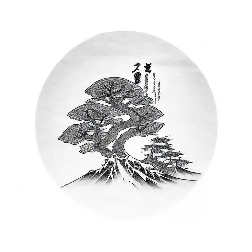 japanese traditional minimalist forest with trees and tribal tattoo design idea