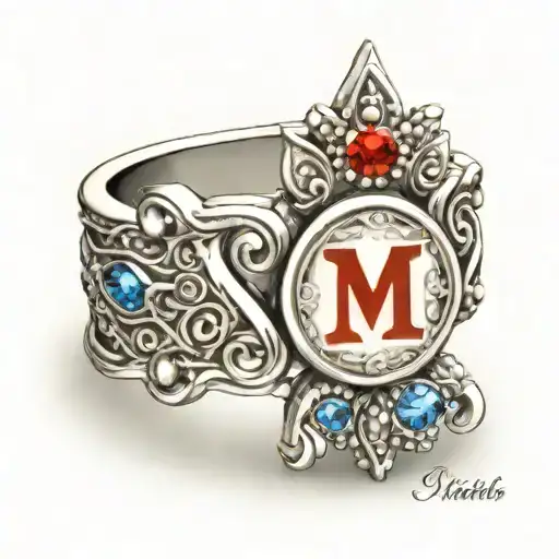 engagement ring that is made with the letter m and the date 6/21/2011 tattoo design idea