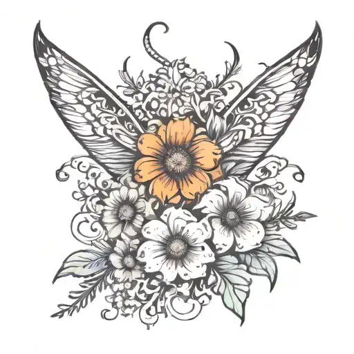 The name Felix and the name Archer entangled in whimsical daisy and gladiolus  tattoo design idea