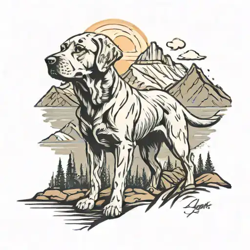Labrador retriever in the mountains panorama tattoo design idea