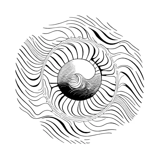 A minimalist design of a sun and ocean wave merged together, reflecting the client's favorite things - warmth, sun, and the ocean. tattoo design idea