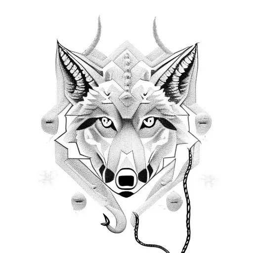 Masculine wolf with fish hook and deer antler outlineom tattoo design idea