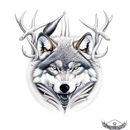 Masculine wolf with deer antler on bottom and fish hook on bottom tattoo design idea