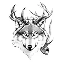 Wolf with Deer antler and fish hook tattoo design idea