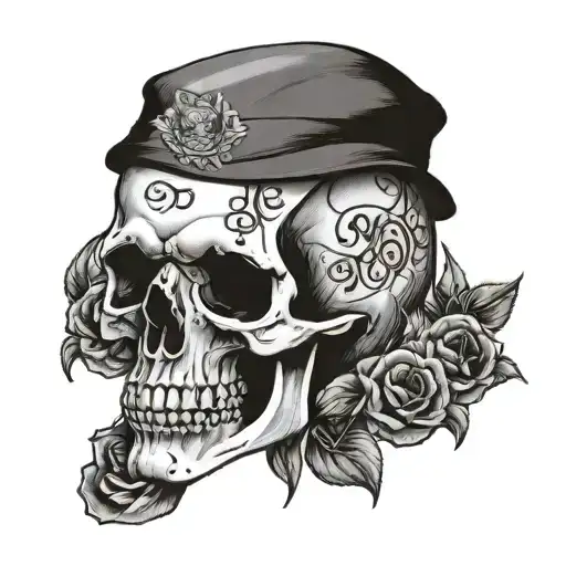A front skull in honour of a dead relative with maverick written on it and 30/08/1936 - 30/04/2024 written below it.   tattoo design idea
