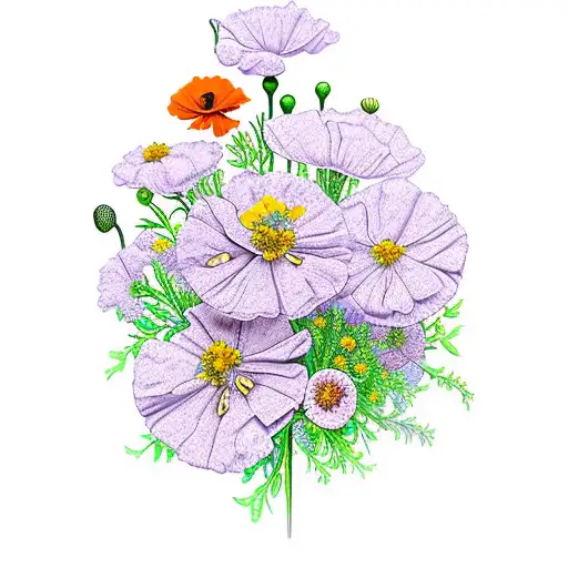 bouquet of carnation poppy marigolds violets morning glorys tattoo design idea