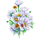 bouquet of carnation poppy marigolds violets morning glorys tattoo design idea