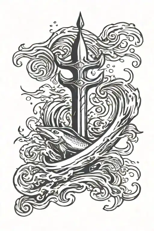 trident and waves tattoo design idea