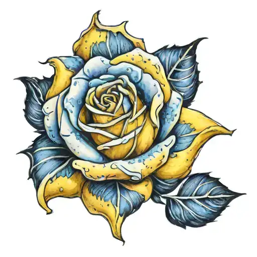 yellow rose overlapping a star shaded blue tattoo design idea