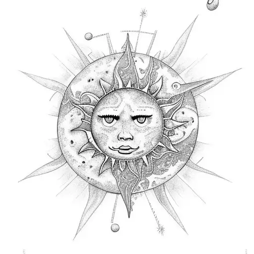 Sun and Moon and butterfly with music notes mixed  tattoo design idea