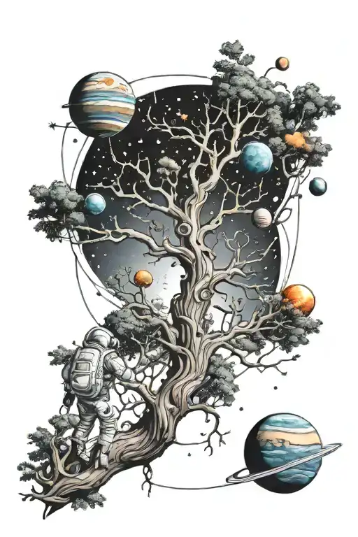 tree in space with planets on branches, geometry, little astronaut tattoo design idea
