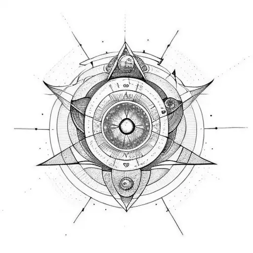 geometric tattoo that includes rockets, solar system, astrology, astronomy, and math tattoo design idea