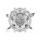 geometric tattoo that includes rockets, solar system, astrology, astronomy, and math tattoo design idea