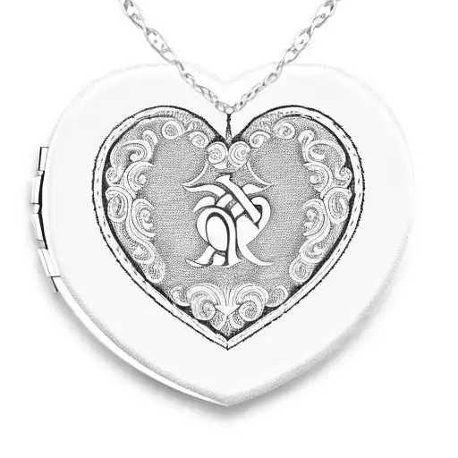 A blackwork design of a heart-shaped locket with the initials of each family member engraved on it tattoo design idea