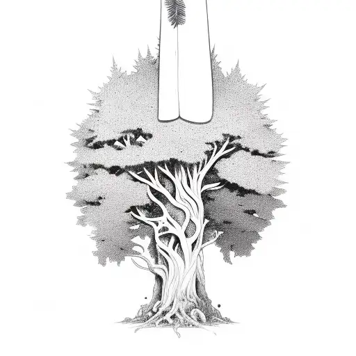 lebanese cedar tree wraps her roots around an eye and a sword in the end in a vertical shape tattoo design idea