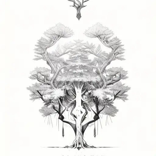 lebanese cedar tree wraps her roots around an eye and a sword in the end in a vertical shape tattoo design idea