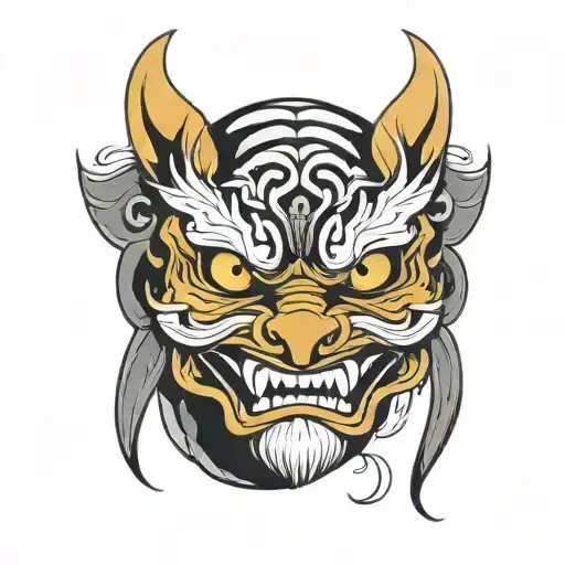 Japanese tengu mask on tiger tattoo design idea