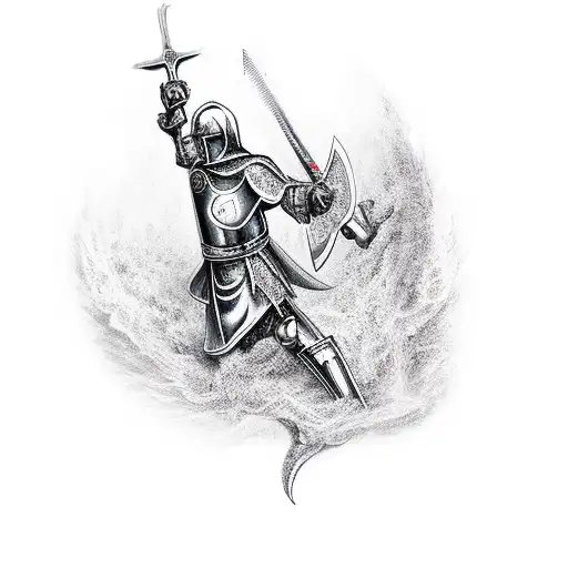 a crusader praying ad he fight the devil tattoo design idea