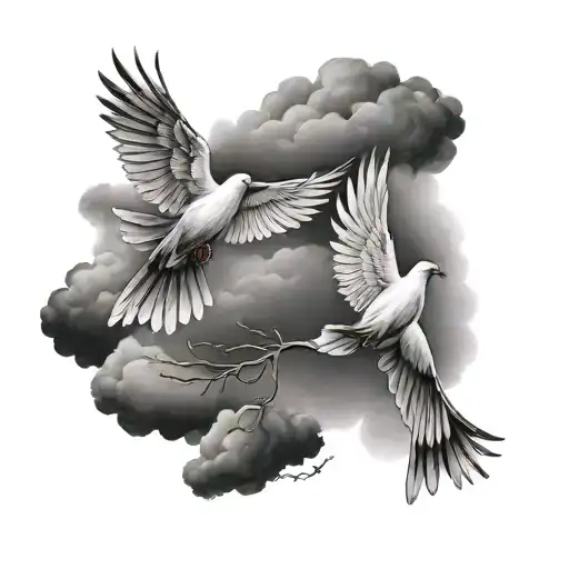 Doves flying through a stormy sky with the client's favorite quote incorporated tattoo design idea