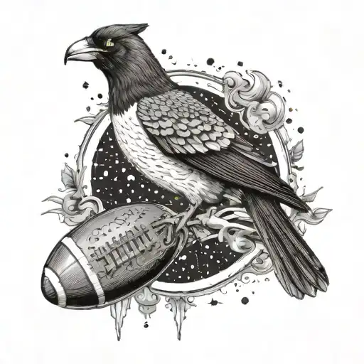 A beer bottle morphing into a football, with a magpie flying above it, representing the client's love for both football and beer tattoo design idea