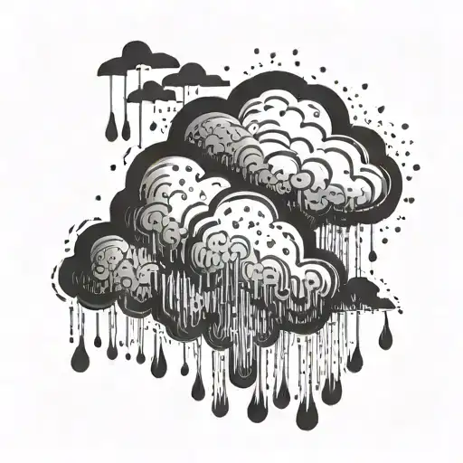 A blackwork tattoo of a rain cloud pouring down raindrops, with the lyrics 'And when it rains, it fucking pours, but I think I like it' intertwined in the design tattoo design idea