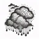 A blackwork tattoo of a rain cloud pouring down raindrops, with the lyrics 'And when it rains, it fucking pours, but I think I like it' intertwined in the design tattoo design idea