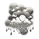 A blackwork tattoo of a rain cloud pouring down raindrops, with the lyrics 'And when it rains, it fucking pours, but I think I like it' intertwined in the design tattoo design idea