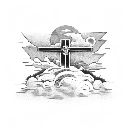 triple cross on hill with sunset and clouds   tattoo design idea