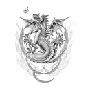 A dotwork tattoo showcasing a dragon inspired by Welsh mythology, with the word 'Wales' subtly integrated into the scales. tattoo design idea
